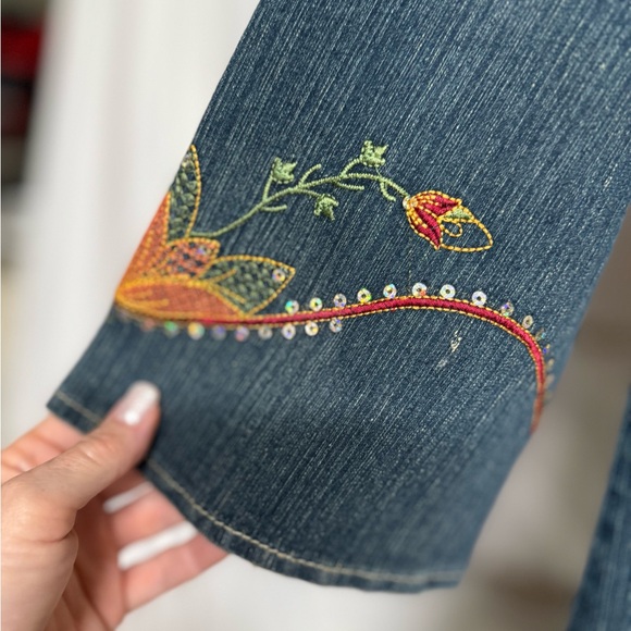 Embellished Blue and Orange Denim Maxi Dress with V-Neck and Long Sleeves - Picture 5 of 7